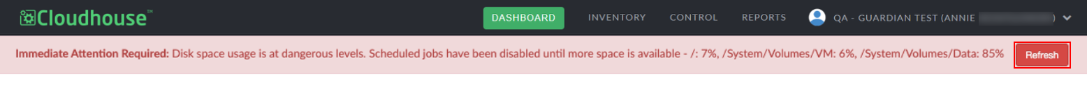 Screenshot of the warning message: 'Immediate attention required: Disk space usage is at dangerous. level. Scheduled jobs have been disabled until more space is available - [Disk path]: X%'. 